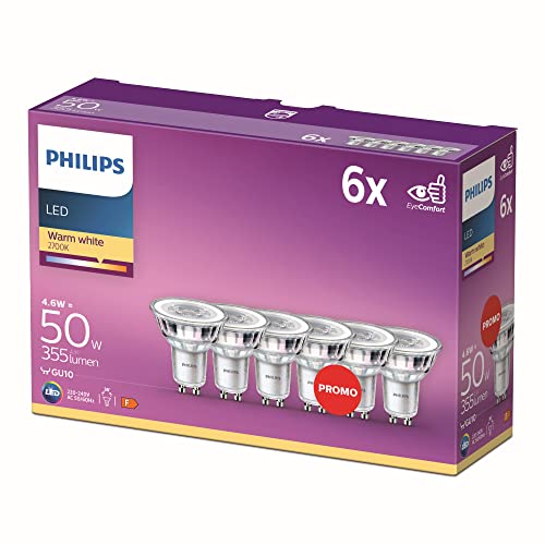 Philips LED Classic GU10 Lampen 6-er Pack (50 W), Reflektor LED Spots mit warmweißem Licht, energiesparende Lampen mit langer Nutzlebensdauer