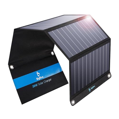 BigBlue 28W Tragbar Solar Ladegerät 2-Port USB(5V/4A insgesamt), IPX4 Solarpanel mit Digital Amperemeter und Reißverschluss zum Schutz für...