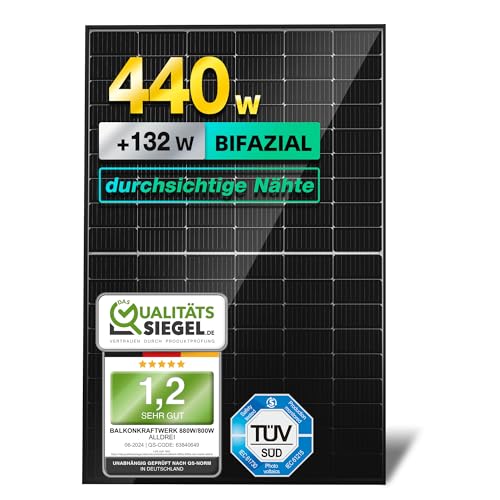 ALLDREI® Solarpanel 1x440W Solarmodule, Bifazial Glas Photovoltaik Panel für Balkonkraftwerk Photovoltaik Komplettanlage, 0% MwSt.